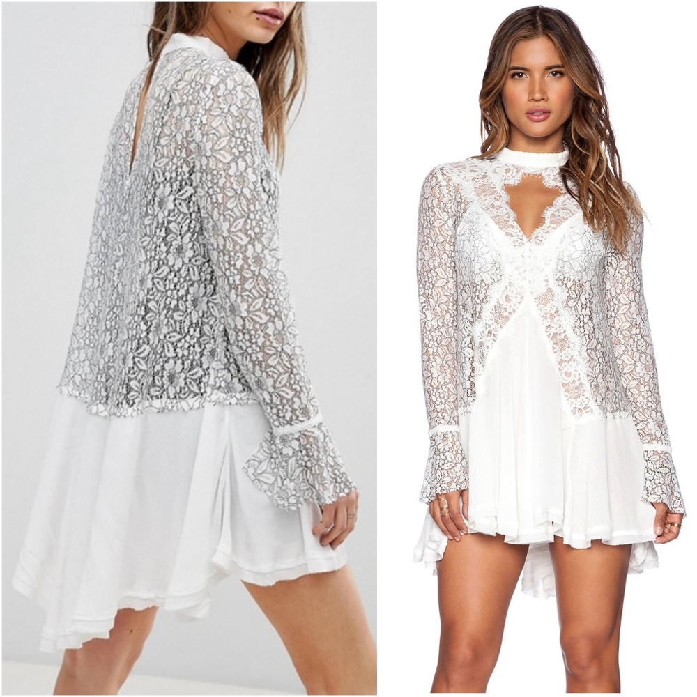Free People Tell Tale Cut Out Lace Mini Dress Tunic White XS Long Bell Sleeves